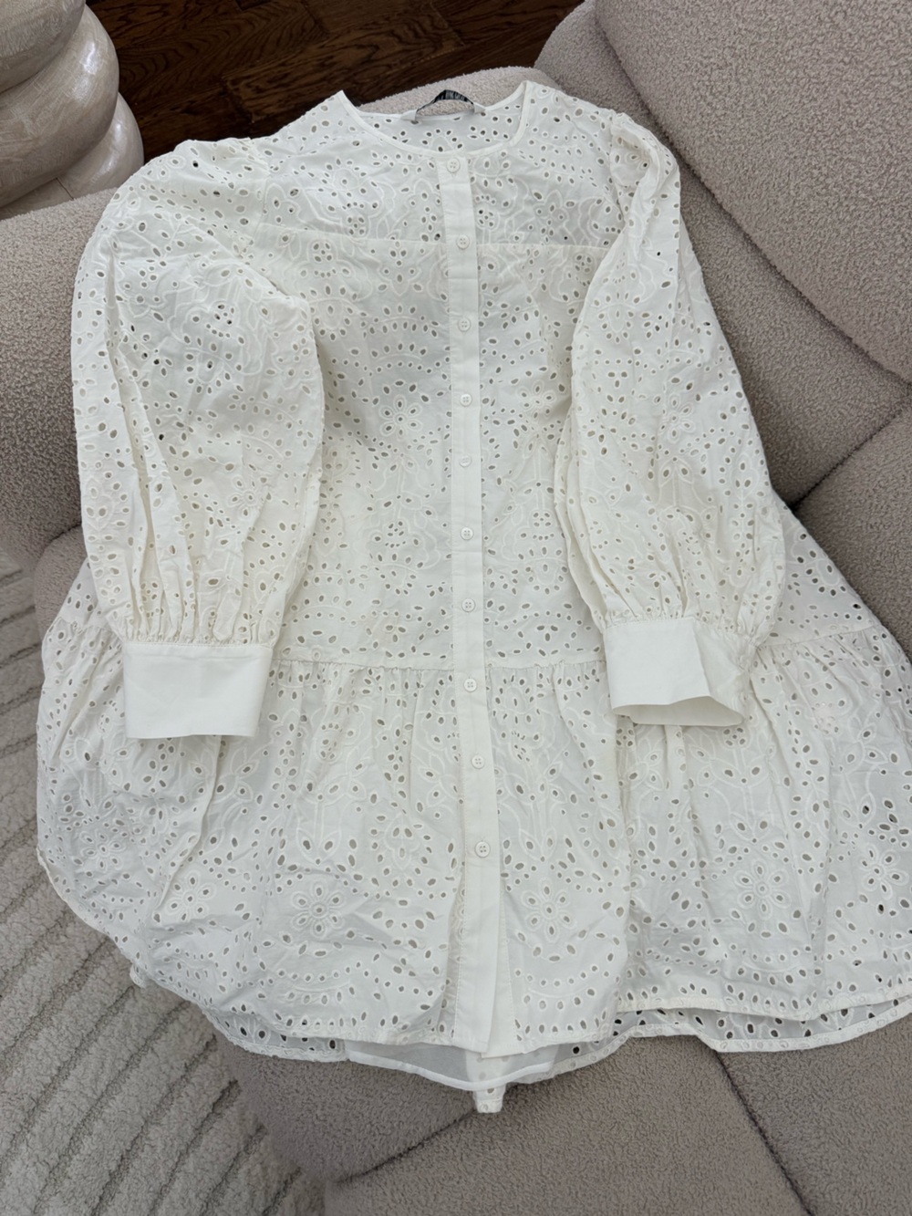 Zara White Eyelet Button-Down Dress